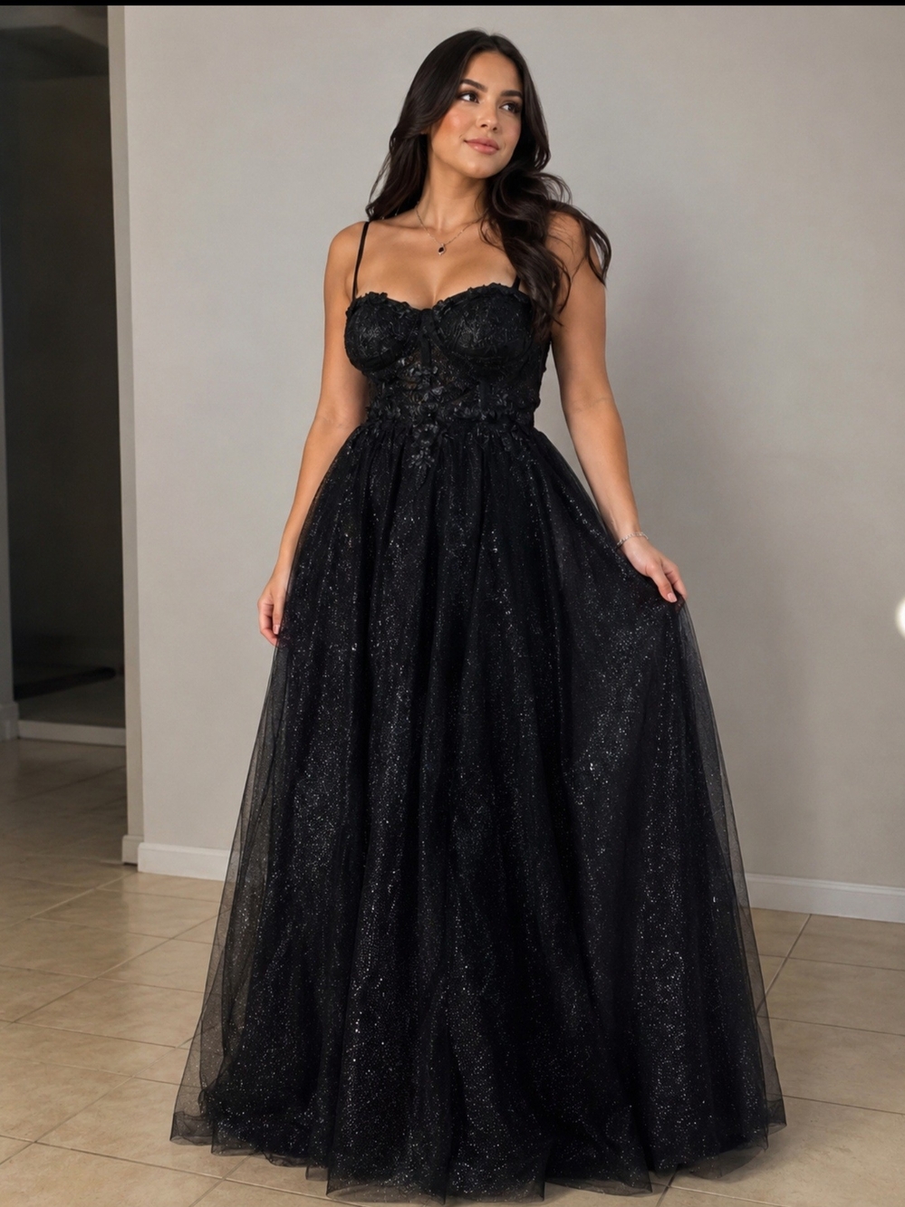 Black Sparkle Tulle Prom Ball Gown with Corset Bodice